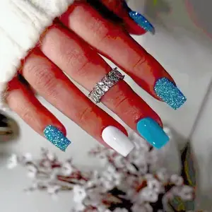 White and Blue Short Square Fake Nails Set, & Press on Nails with Tools for Women & Girls DIY Nail Art, Elegant Stick on Nails Kit, Glitter Decorative Nails