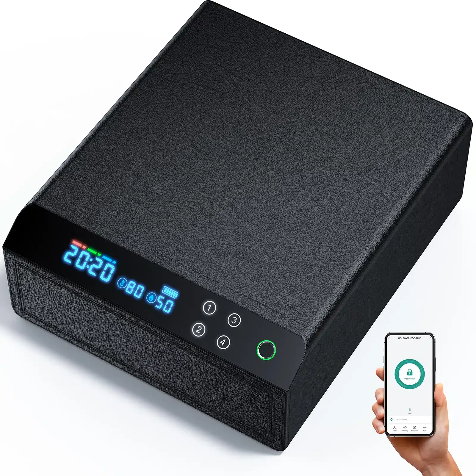 ZKT Leather Fingerprint Safe - Elegant Stylish Jewelry and Valuables Safe Box, Access Control by Phone Apps via Bluetooth, Right Next to Your Bed