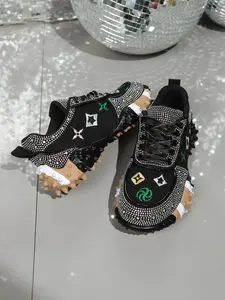 Trendy Embroidered Dad Shoes for Couples, Fashionable Handmade Rhinestone Thick Sole, Casual Sporty Lace-Up Sneakers Trainer Size 35-43