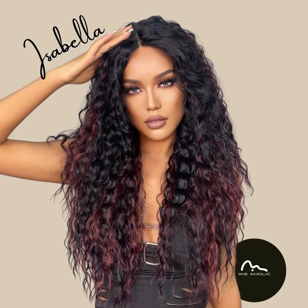 ISABELLA 【WA-HC11030-4】 28inches Frontal Lace Wigs for Women,  Heat Resistant Synthetic  Black with Red Highlight Curly for Daily Use, Party