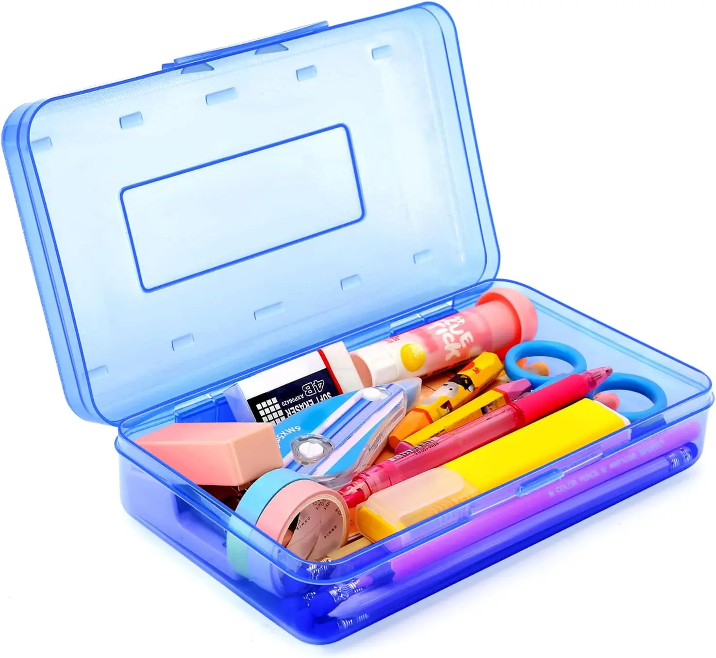 Sooez 1 Pack Clear Pencil Box, Plastic Hard Pencil Case with Stickers, Large Crayon Box with Snap-tight Lid, Stackable Storage Box Art Craft Marker Organizer Box for Kids Boys Back to School, Blue