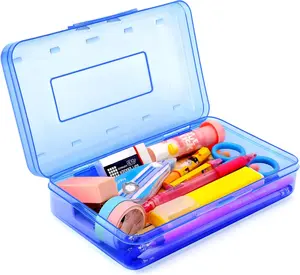 Sooez 1 Pack Clear Pencil Box, Plastic Hard Pencil Case with Stickers, Large Crayon Box with Snap-tight Lid, Stackable Storage Box Art Craft Marker Organizer Box for Kids Boys Back to School, Blue
