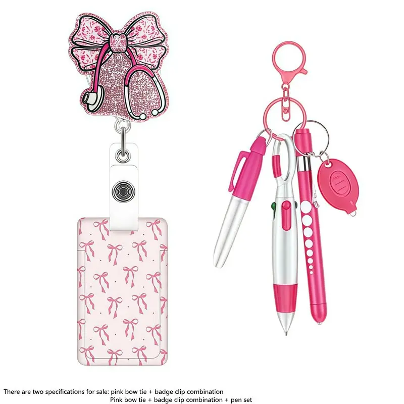 Stethoscope Badge Clip Set, Bow Print Card, Fluorescent Pen Eld Light, Transparent Card Holder, Cute Design for Office Nurses Doctors, Id Card Decoration, Badge Accessories, Id Holders For Badges