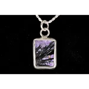 Charoite Rectangle Pendant With Black Crystal Spray Set In Sterling Silver