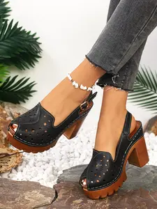 Summer Plus Size Women's Hollow Out High Heel Chunky Strap Sandals, Fashion One-Strap Buckle Backless High Heel Shoes, High Heeled Sandals, Strapy Sandals
