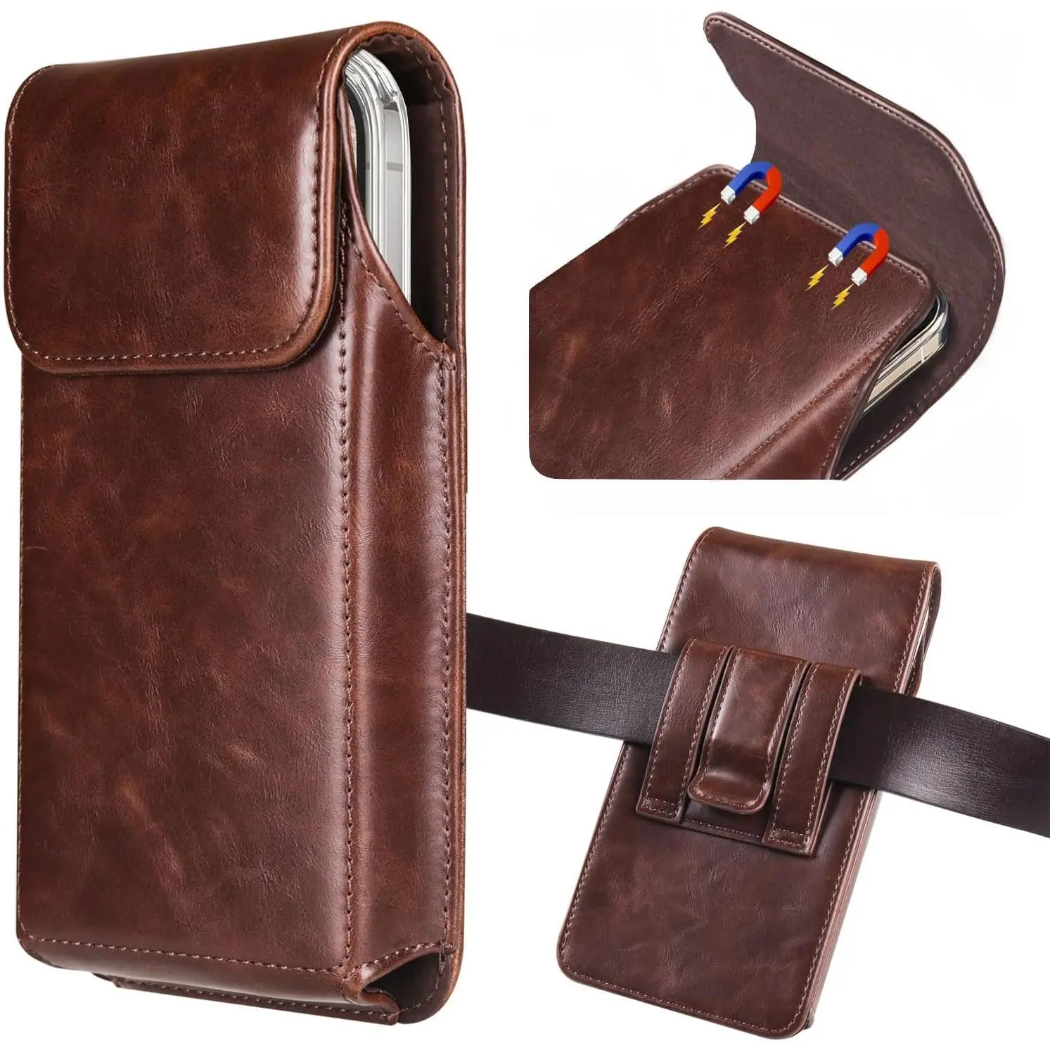 Cell Phone Holster for  16, 16e, 15, 15 Pro, 14, 14 Pro, 13, 13 Pro, 12, 12 Pro, 11, 11 Pro, 13/12 mini, Galaxy S25, S24, S23, S22, Leather Phone Pouch Holster for Men with Belt Clip, Coffee
