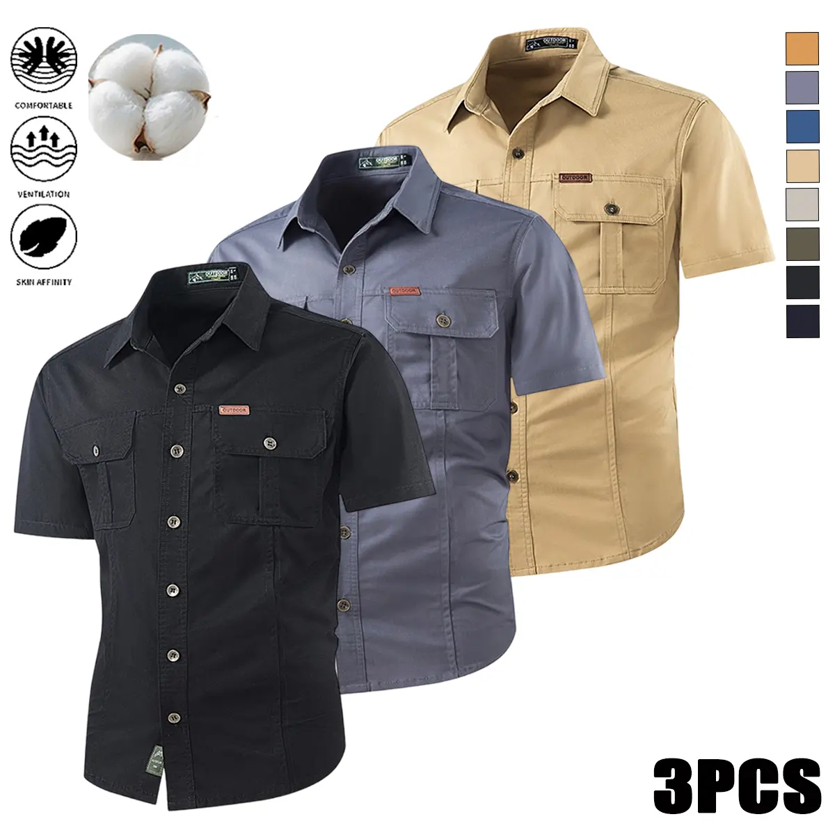 Men's 3-Pack Cotton Baggy Work Shirts, Short-Sleeve Button-Down with Dual Chest Pockets, Breathable & Wrinkle-Resistant Menswear Tops
