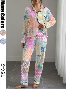 Women's Floral Print Pajama Set, Loungewear, Casual Fitted Long Sleeve Shirt & Elastic Pants, Soft Stretchy Fabric, Fall Winter Home Wear