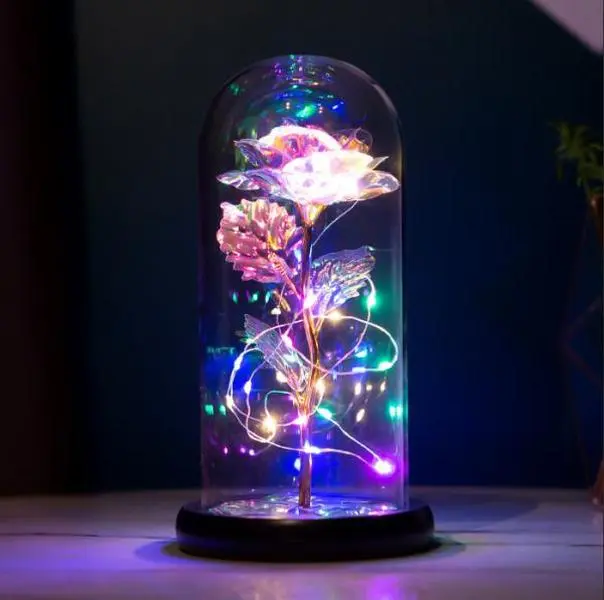 Rechargeable Galaxy Glass Forever Rose Light in Dome with 3 Realistic Leaves - Fairy Tale Festive Decoration, Mother’s Day/Valentine’s Day Gift for Mom, Grandma, Daughter