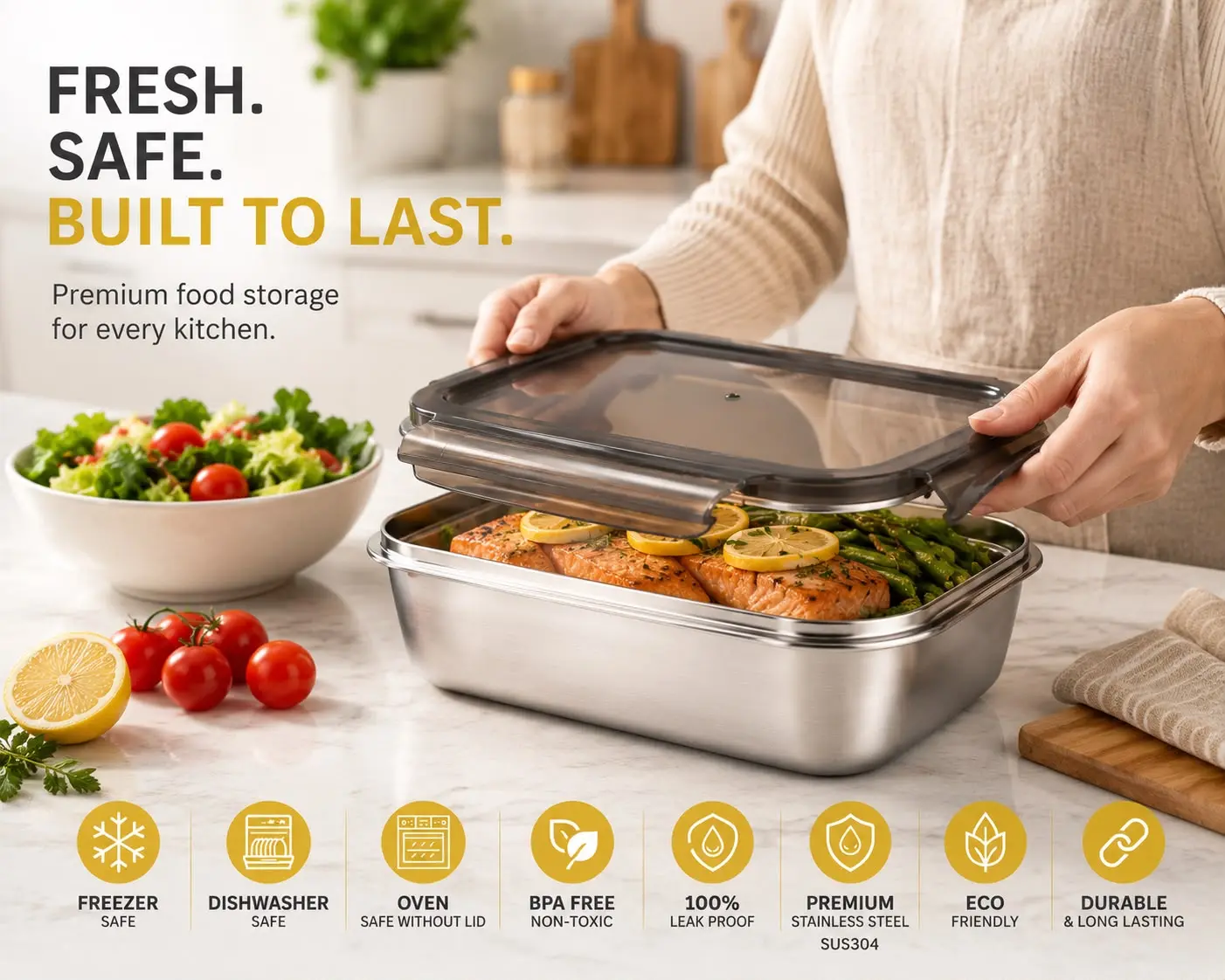 Premium Stainless Steel Food Storage Container with Leak-Proof Locking Lid, BPA-Free, Freezer Safe