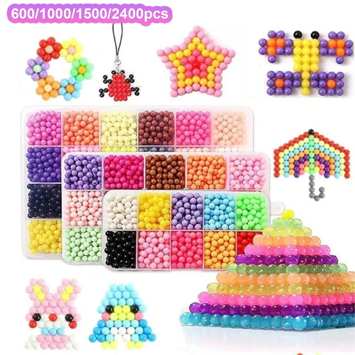 Handmade Magic Water Fusion Beads, Bead Set, Beaded Set, Diy Mixed Beads, DIY Mix Galaxy Beads for DIY Crafts, Creative Sensory Toy Accessories in 600/1000/1500/2400 Sizes, Perfect for Arts and Crafts Projects