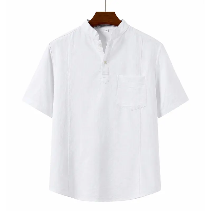 Grandclad Men's Short Sleeve Band Collar Shirt, Button Placket Pullover Casual Summer Top with Chest Pocket for Beach, Vacation and Everyday Wear