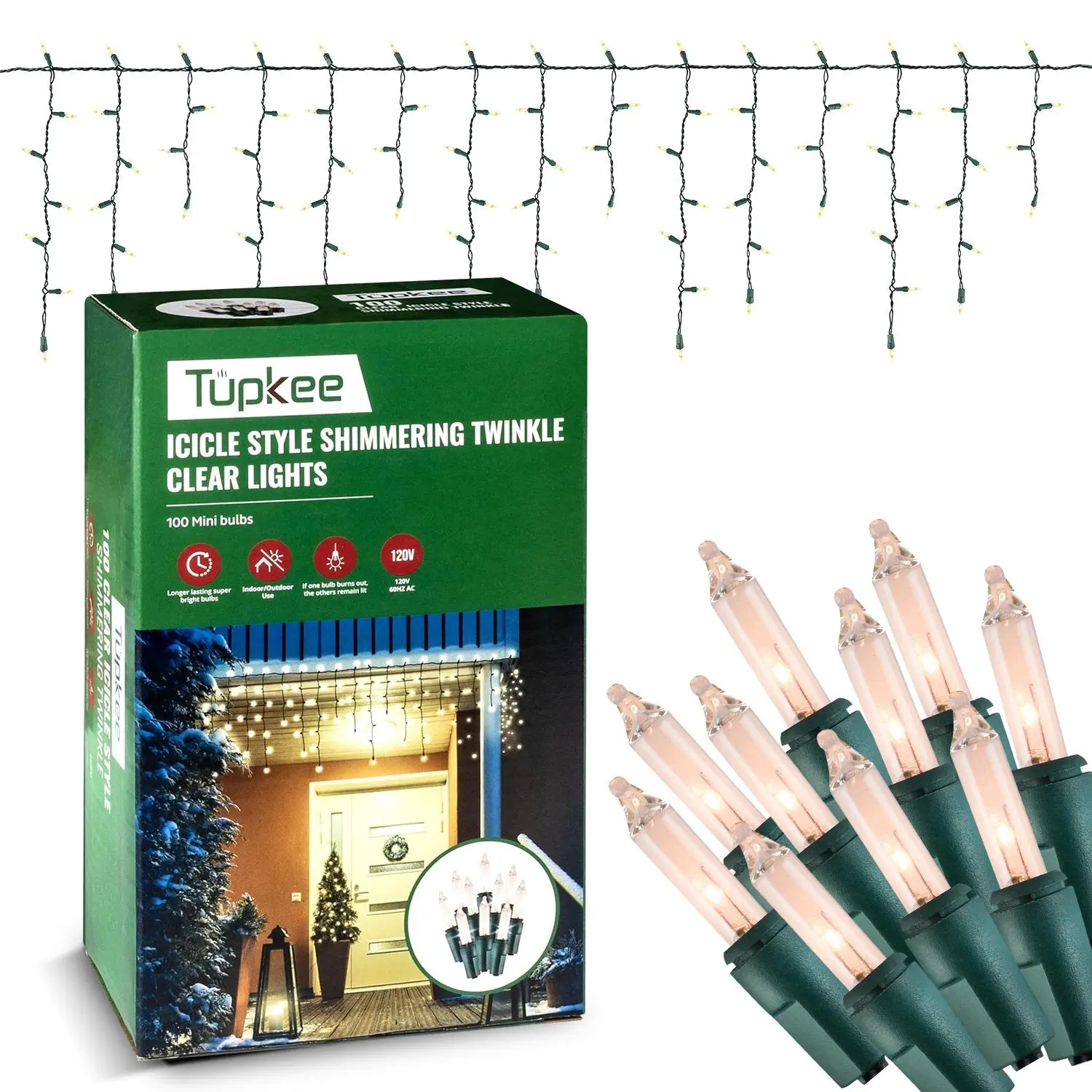 Incandescent Icicle Christmas Lights - 7ft Plastic Mini Bulbs with 12/100 Random Shimmering Twinkle - Indoor & Outdoor Festive Decorations