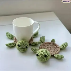Handmade Crochet 3D Turtle Coaster, Soft Knit Tableware Mug Rug, Aesthetic Desk & Kitchen Decor, Unique Reusable Gift for Animal Lovers, Home Office Coffee Bar Accessory