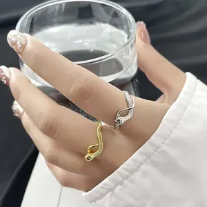 Women's Adjustable Opening Small Snake Ring - Unique Smooth Texture Winding Design, Artificial Gemstone Index Finger Accessory, Trendy Jewelry