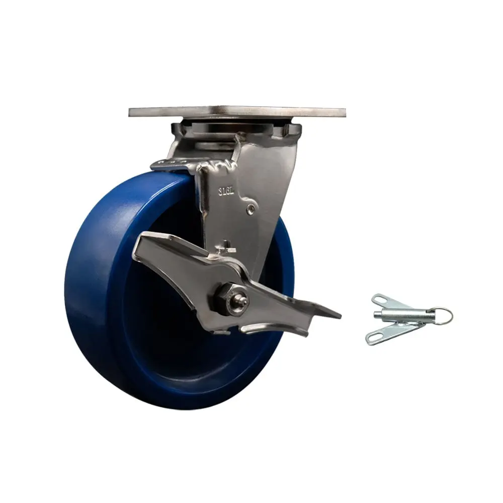 Service Caster SCC-SS31630S620-SPUB-TLB-BSL 316 Stainless Steel Heavy Duty Top Mount Swivel Caster (Stainless Steel Castors) with Top Lock Brake, Bolt-On Swivel Lock, 6 in. Solid Polyurethane Ball Bearing Wheel, Top Mount Castors