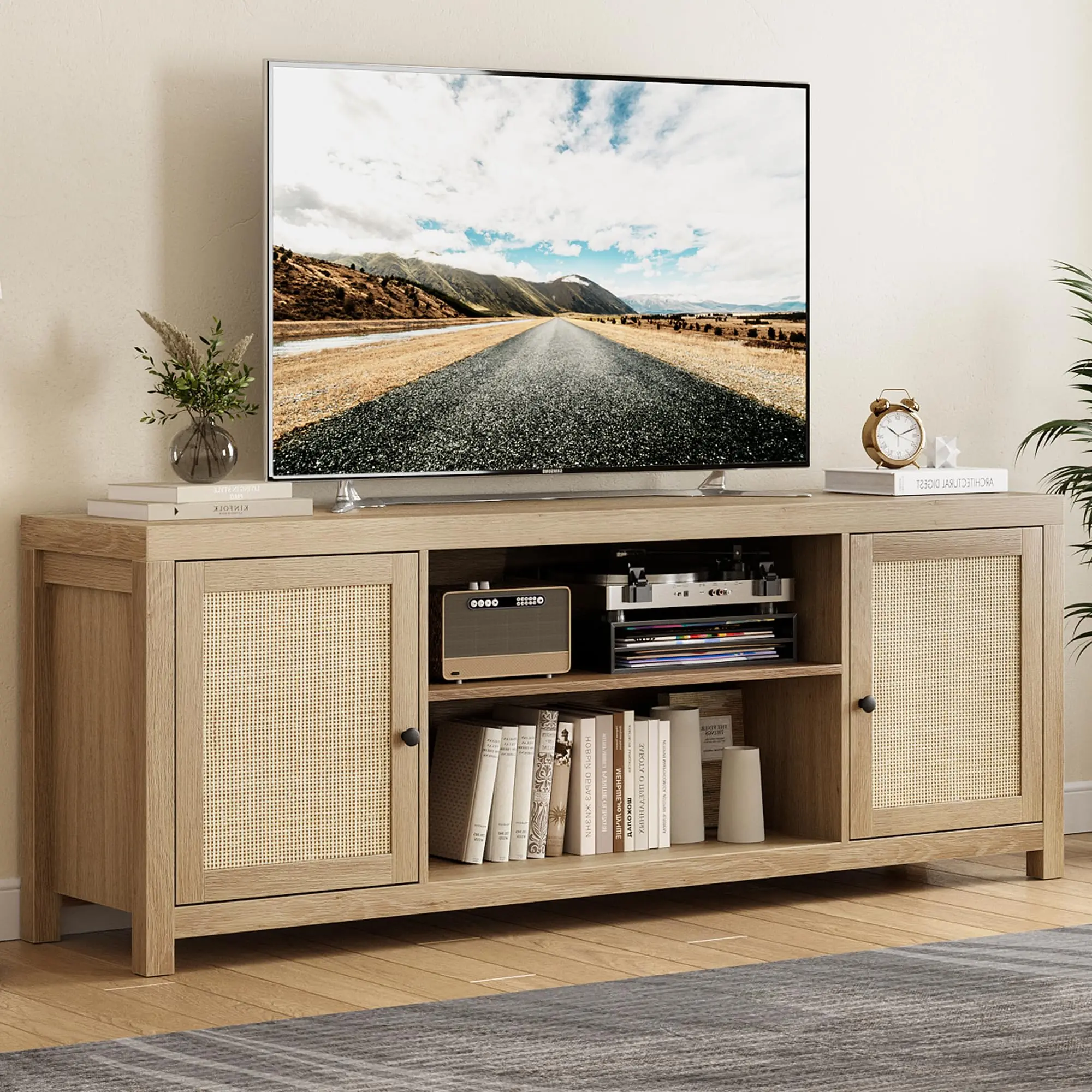 Garvee Bohemian Style 65-Inch TV Stand with Rattan Entertainment Center, Wooden TV Console with Storage, and Multimedia Cabinet for Living Room