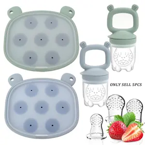 Infant Fruit and Vegetable Baby Food Teether Set, Bear Ice Cube Mold 5-Piece Kit, Breastfeeding Helper Tool, Unisex Bowl Storage Type, Silicone Utensils Set