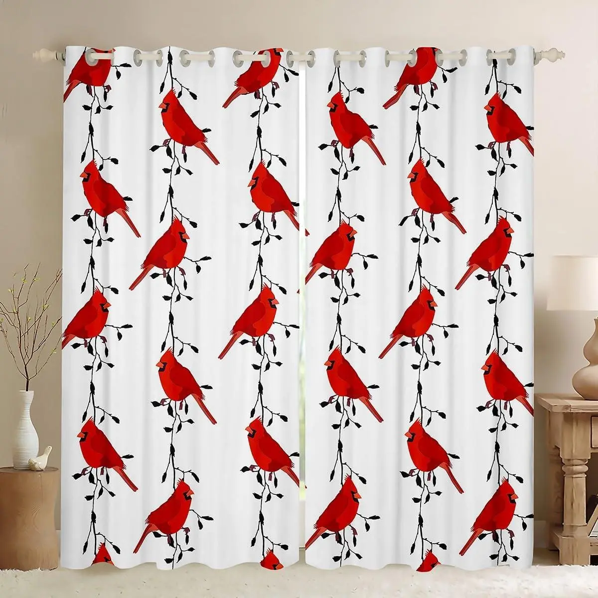 Kids Cute Bird Curtains for Girls Boys Red Birds Cardinals Window Drapes Black Tree Branches Window Curtains for Bedroom Living Room Decor Farmhouse Country Window Treatments,,2 Panels
