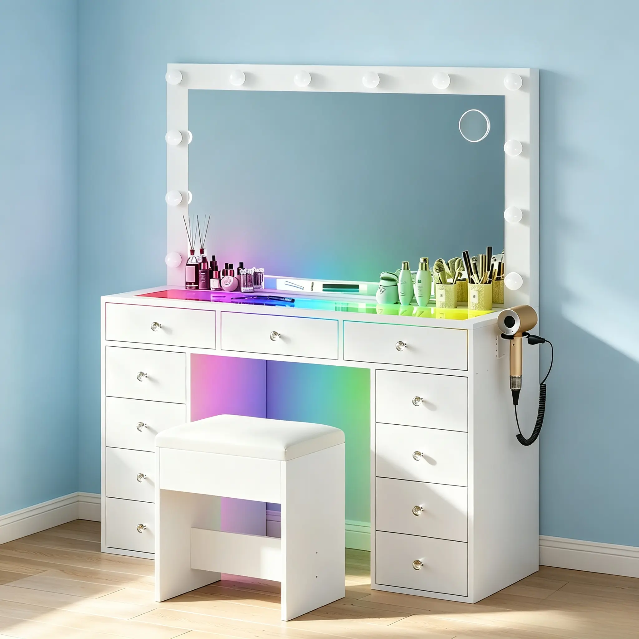 CollaredEagle Full Size Makeup Vanity Desk Furniture - Adjustable Table with LED Lighted Mirror, Power Socket, Multiple Drawers, Padded Stool for Bedroom