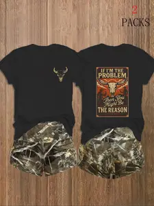Women's Two-Piece T-Shirt & Shorts Set, Casual, Comfortable Fabric, Crew Neck Short-Sleeve, Loose-Fit, & Camouflage, Western Skull & Slogan Graphics