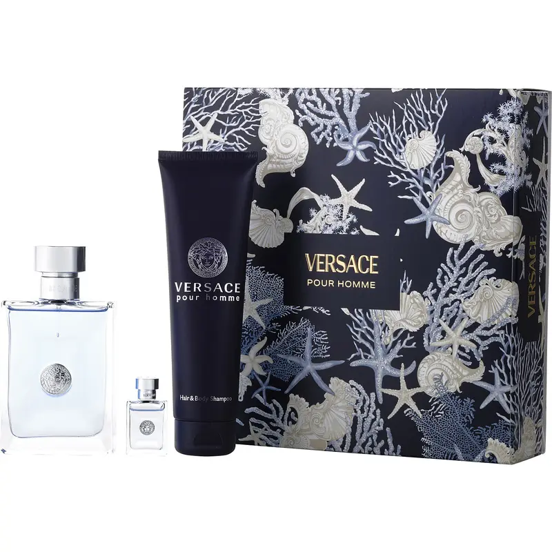 Versace Pour Homme Set-Edt Spray 3.4 Oz & Hair And Body Shampoo 5 Oz & Edt Spray 0.17 Oz Mini For Men