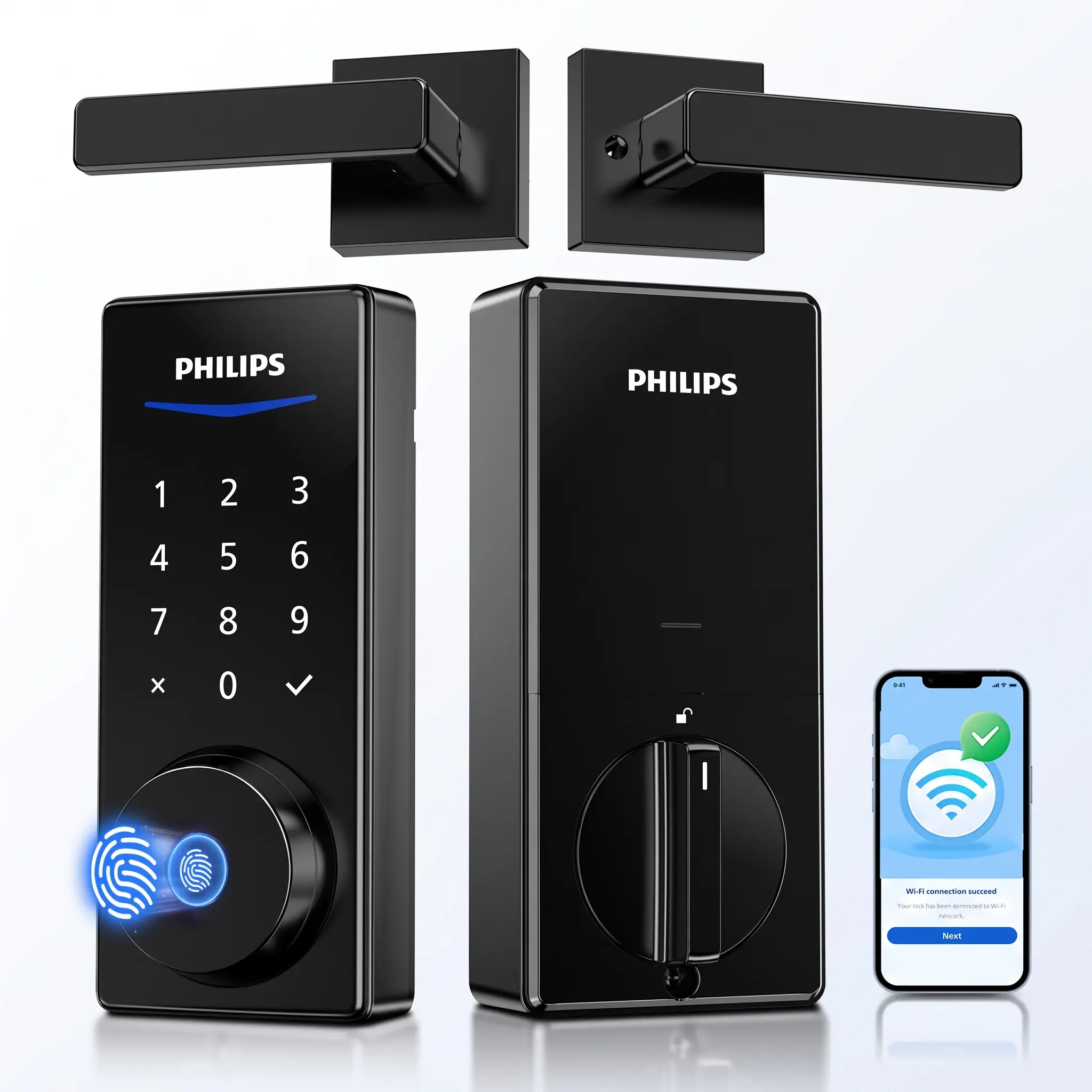Philips Wi-Fi Smart Deadbolt Lock Set with 2 Handles & Keypad Lock, Keyless Entry Front Door Solution, Secure Electronic Locking System