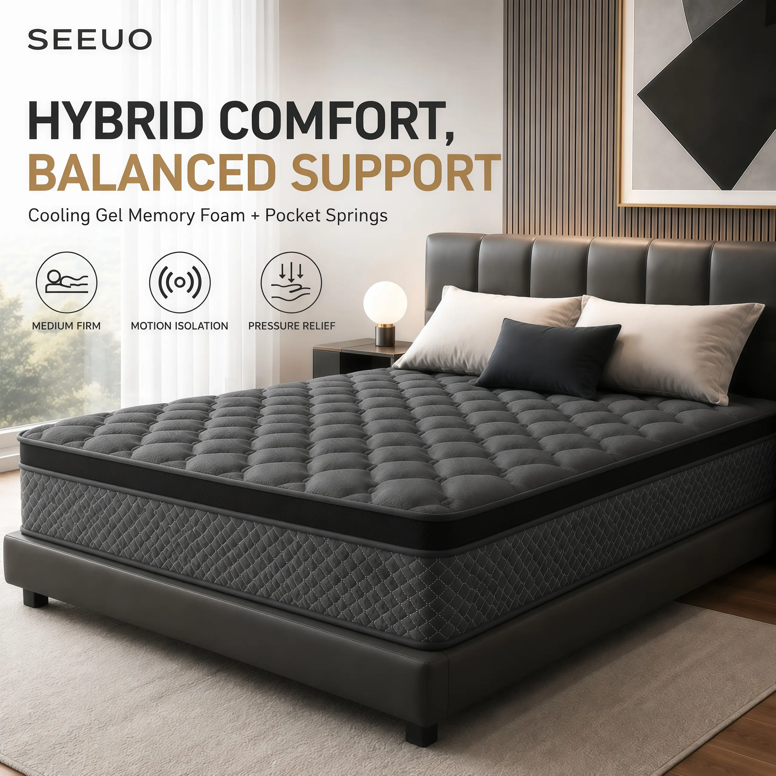SEEUO 10/12/14 Inch Medium Firm Hybrid Mattress, Twin Full Queen King Size, Cooling Gel Memory Foam & Pocket Springs, Pressure Relief & Lumbar Support, Mattress in a Box, Dorm Essentials, Home Decor