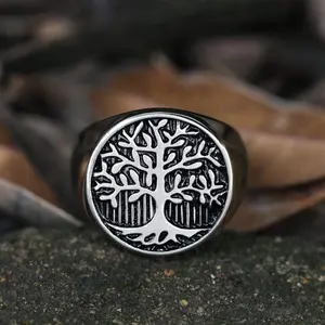 GTHIC Vintage Viking Tree Of Life Stainless Steel Signet Ring For Men Fashion Accessories Birthday Gifts