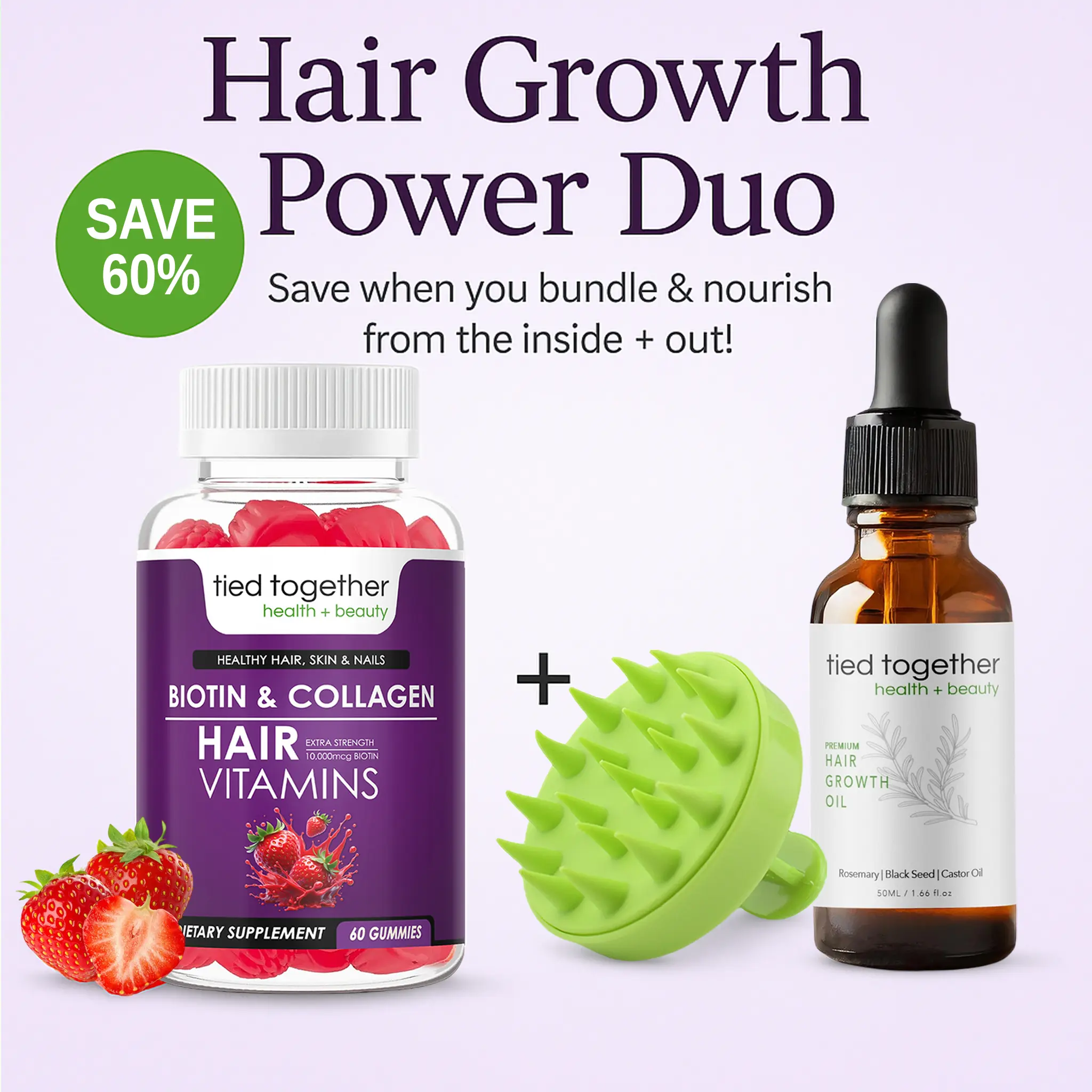 Hair Growth Duo – Organic Rosemary Oil + Biotin & Collagen Gummies for Thicker Hair, Stronger Nails & Glowing Skin – Vegan, Natural, Non-GMO
