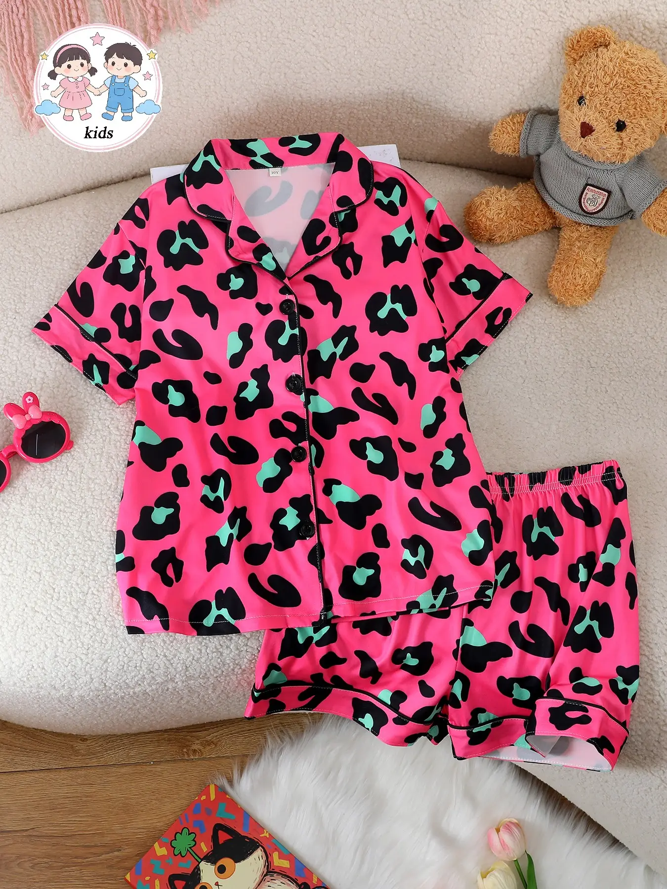 Kids Pajama Set, Short Sleeve Button Front, Animal Print, Cartoon Print Pajama, Cartoon Pattern Pajamas, Leopard Print Pajamas, Casual Fitted, All Seasons, Boys & Girls, Home Wear, Vacation, Party, Casual Sleepwear Set