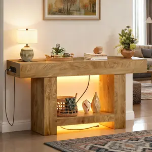 63" Farmhouse Narrow Console Table with Socket, Light, USB Power Outlet & Open Storage - Entryway Table for Apartment Living Room (Behind Couch Use), Console Table Entryway