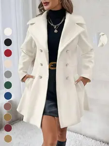 Women's Solid Double Button Pocket Overcoat, Casual Long Sleeve Lapel Neck Outerwear for Fall & Winter, Women's Clothes for Daily Wear, Clothing for Women, Cute Tops