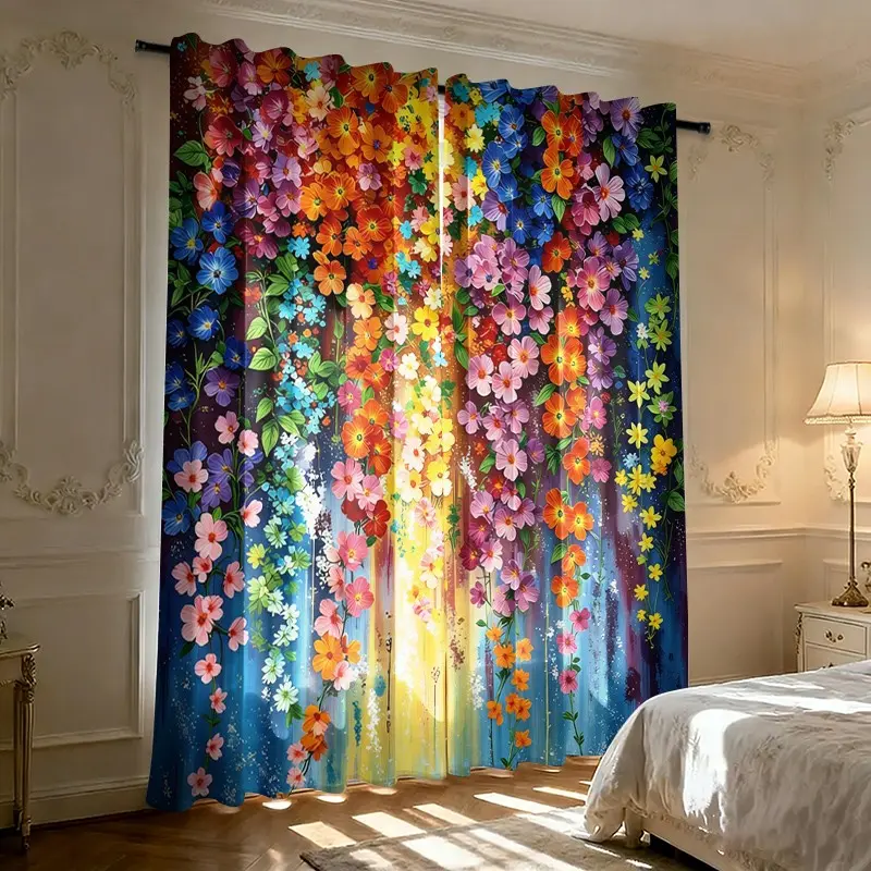 2-piece Rainbow Flower Sea Art Decorative Print Semi-transparent Curtains, Floral Sheer Curtains, Rod Bag Curtains, Polyester Curtain, Suitable for Living Room, Bedroom and Home Decoration, Hand Washable, Hookless