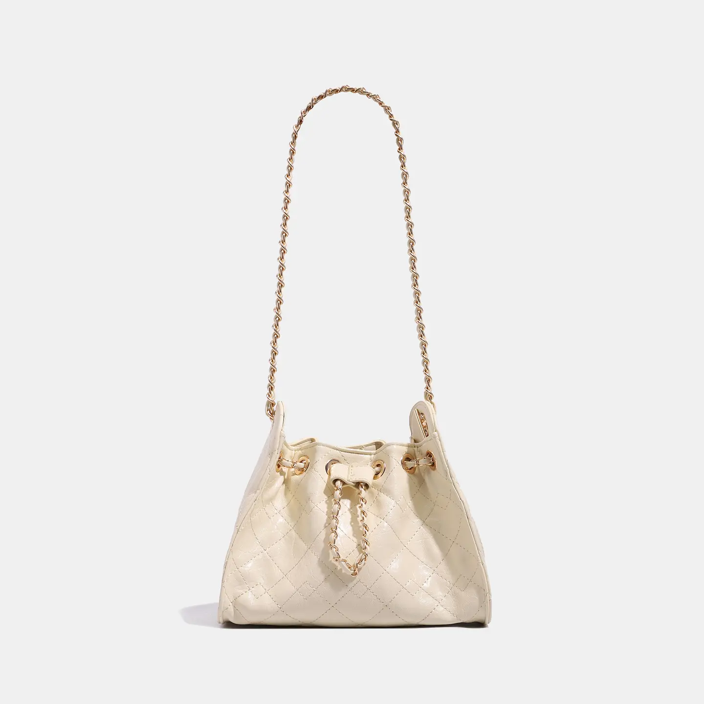 Women's Quilted Drawstring Bucket Bag - Leather Woven Chain Strap Crossbody Bag, Lightweight Magnetic Snap Shoulder Handbag for Daily Wear Casual Use
