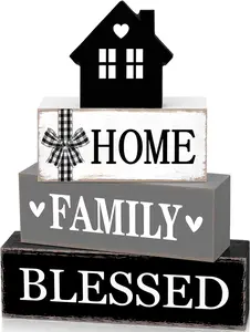 Rustic Farmhouse Table Decor Blessed Signs for Home Decor Neutral Home Family  Sign Black and White Modern Tabletop Centerpiece for Kitchen Shelf Desk Tiered Tray Decoration