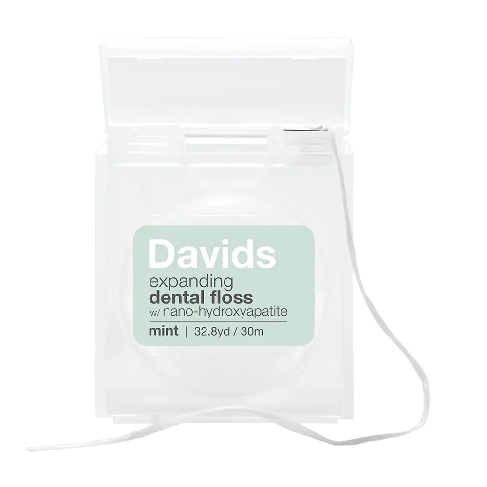 Davids Hydroxi™ Expanding Dental Floss - Refillable Dispenser, Peppermint Flavor (30m), Non Toxic Floss, Teeth Whitening Oral Care Supplies with Nano Hydroxyapatite, Fresh Breath Self Care Product, Expanding Floss