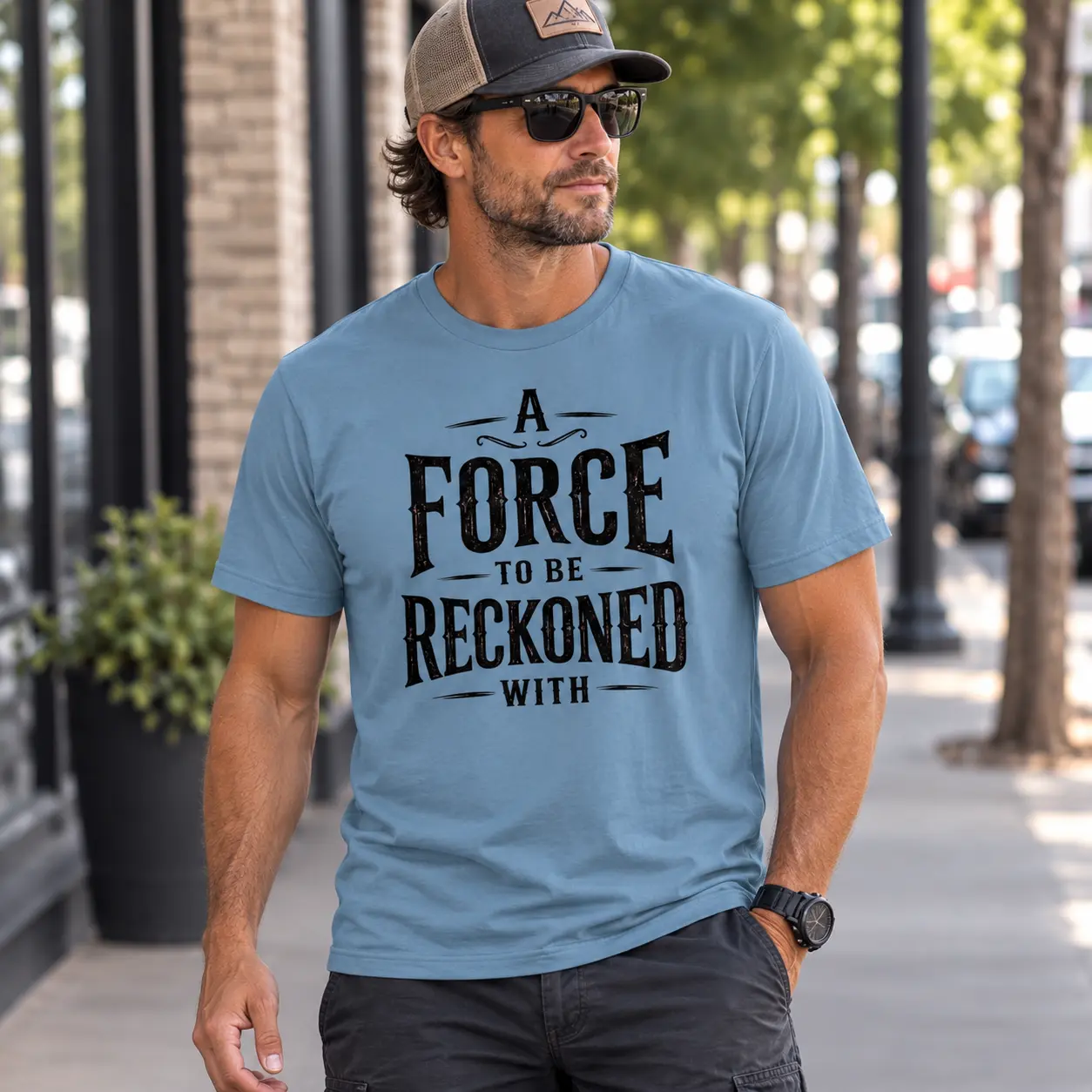 Men's Cotton Light Stretch Round Neck Short Sleeve Soft T-Shirt - Menswear All-Seasons Everyday Wear Top with "A Force To Be Reckoned With" Graphic, Breathable Fabric
