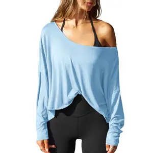 Fisoew Y2K Off-Shoulder  Top, Ultra-Soft Loose Fit Long Sleeve Workout Shirt, Flowy Casual Athletic Cover Up for Women