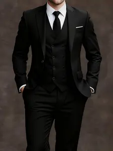 Men's 3pcs Slim Fit Tuxedo Set - Black Suit with White Shirt & Pants, Collar & Jacket, Wedding & Formal Attire, Business Events, Prom, Durable Tailored Suits, Business Attire Clothes, Formal Wear (No Stretch)