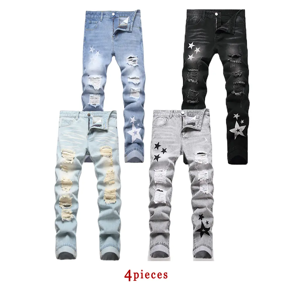 4-Pack Men's Y2K Star Embroidery Jeans, Slim Fit Straight Leg Denim Pants, Casual Streetwear Fashion Trousers, Hip Hop stylish Trendy Outfits, Classic Blue Grey Black Wash Denim, Comfort Stretch Daily Menswear Aesthetics Vibe