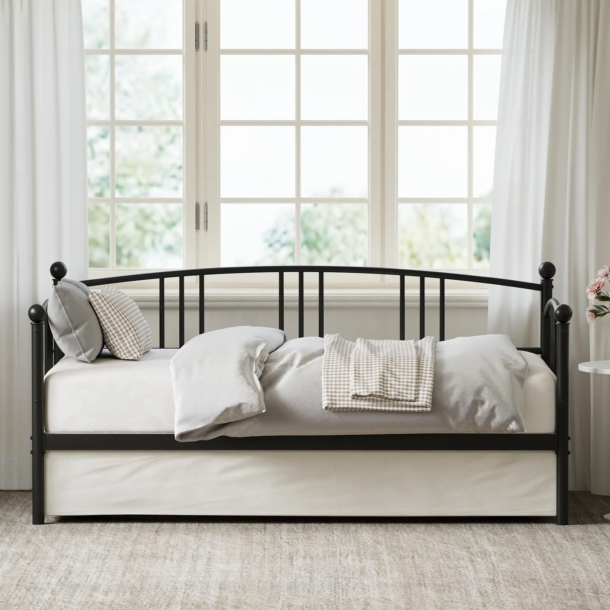 Garvee Modern Twin Metal Daybed with Pull-Out Trundle, Heavy Duty Steel Slats, Arched Headboard, Space-Saving Sofa Bed Frame for Living Room, Bedroom, Guest Room, Easy Assembly, Available in Black, Pink, and White