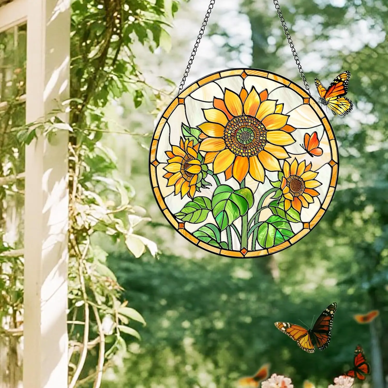 8 Inch Sunflower Stained Glass Window Hanging, Unique Sun Catchers Glass Panel with Metal Chain and Hook, Indoor Window Wall Art Decor, Sunflower Gifts for Women