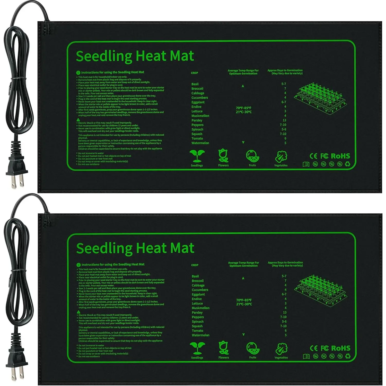 10"x20.75" Black 2-Pack Seedling Heat Mat - Indoor Seed Starting Germination Heating Pad, Cultivation Equipment, DIY Gardening Supplies
