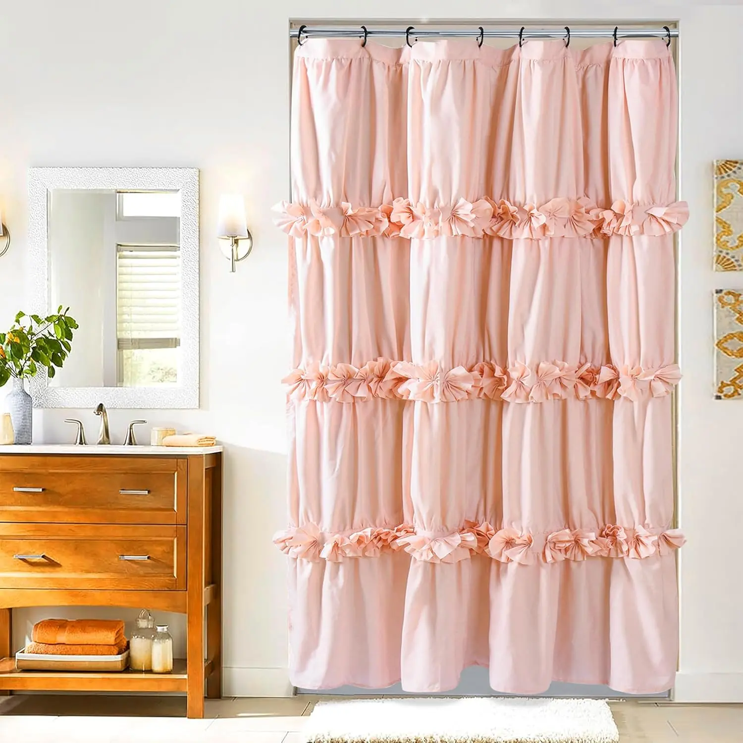 Peach Pink Ruffle Shower Curtain 48" W x 72" H Vintage Handcrafted Bow Tie Bath Curtain Ruched Microfiber Bathroom Curtain with 8 Buttonholes Perfect for Stylish Master Bathroom Decoration