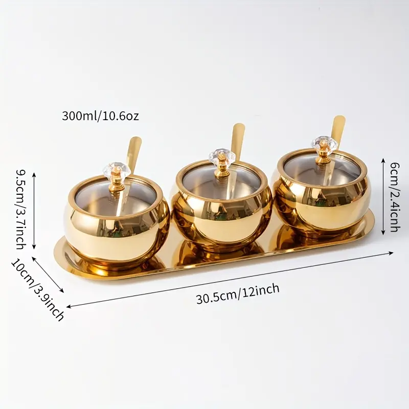 1 Set of 2/3 Stainless Steel Seasoning Jars Set, Spice Containers with Lid and Spoon, Golden Seasoning Bottles with Serving Tray, Suitable for Pepper, Salt, Spices, Candy, Coffee Beans Kitchen Jar Set