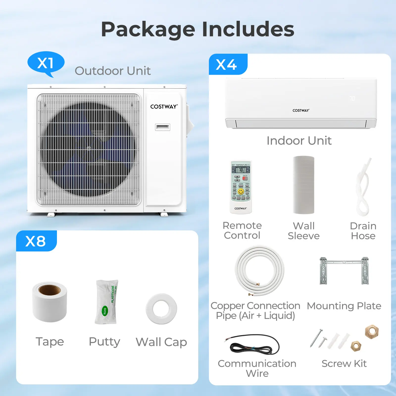 COSTWAY - 36000 BTU 4 Zone 23 SEER2 Mini Split Air Conditioner Wifi Enabled with Heat Pump-9K + 9K + 9K + 9K