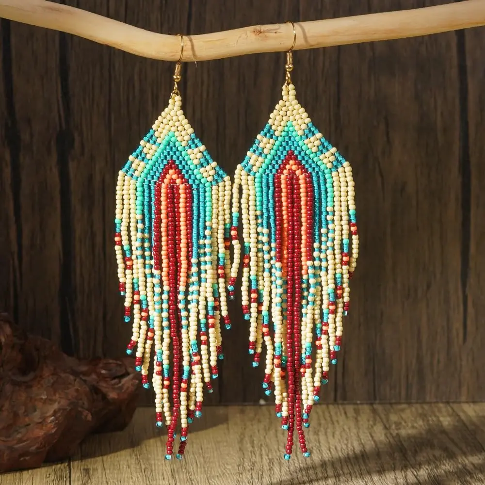 SHINUS BOHO Women's 100% Handmade Bohemian Seed Bead Rainbow Earrings - Long Fringe Feather Hook, Colorful Beaded Strand Beach Jewelry Gifts for Females, Seed Bead Earrings, Bohemian Earrings