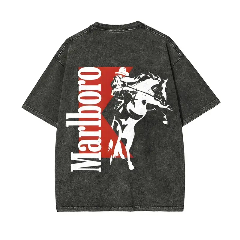 Washed vintage Marlboro denim hooded sweatshirt, Bohemian Western style, unisex printed pullover, comfortable everyday cotton men's wear, a perfect gift for men