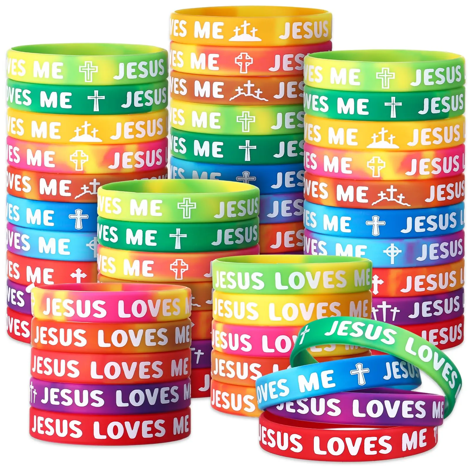Back to School Jesus Loves Me Bracelets Christian Gift for Youth Group Women Men Religious Gift Rainbow Stretch Silicone Faith Bracelets Motivational Rubber Wristband Gift for Church Sunday School Classroom Rewards Goodie Bag Stuffers Party Favor